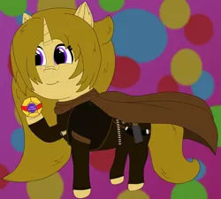 Size: 4379x3933 | Tagged: safe, artist:eminent entropy, derpibooru import, oc, oc:beige, unofficial characters only, pony, unicorn, birthday, cape, clothes, destiny, destiny (game), engram, exotic engram, gift art, gun, handgun, happy birthday, holster, hunter, image, lucky pants, png, ribbon, solo, weapon, western