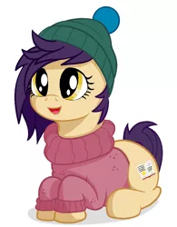 Size: 846x1082 | Tagged: safe, artist:xodok, derpibooru import, oc, unofficial characters only, earth pony, pony, series:ponyashnost, clothes, cutie mark, female, hat, image, png, simple background, smiling, sweater, white background