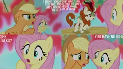 Size: 1280x720 | Tagged: safe, derpibooru import, edit, edited screencap, editor:quoterific, screencap, applejack, autumn blaze, fluttershy, earth pony, kirin, pegasus, pony, season 8, sounds of silence, spoiler:s08, applejack's hat, cowboy hat, female, hat, image, jpeg, mare, open mouth, open smile, smiling