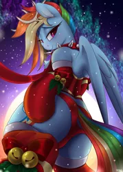 Size: 2500x3500 | Tagged: source needed, useless source url, suggestive, alternate version, artist:redvais, derpibooru import, rainbow dash, pegasus, pony, bells, blushing, butt, christmas, clothes, cute, female, holiday, image, looking at you, looking back, looking back at you, low angle, mare, night, png, rear view, socks, solo, solo female, underwear