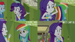 Size: 1280x720 | Tagged: safe, derpibooru import, edit, edited screencap, editor:quoterific, screencap, derpy hooves, rarity, snails, snips, trixie, best trends forever, equestria girls, equestria girls series, best trends forever: rainbow dash, bracelet, clothes, cutie mark, cutie mark on clothes, female, hairpin, image, jacket, jewelry, lockers, male, open mouth, open smile, png, rarity peplum dress, smiling