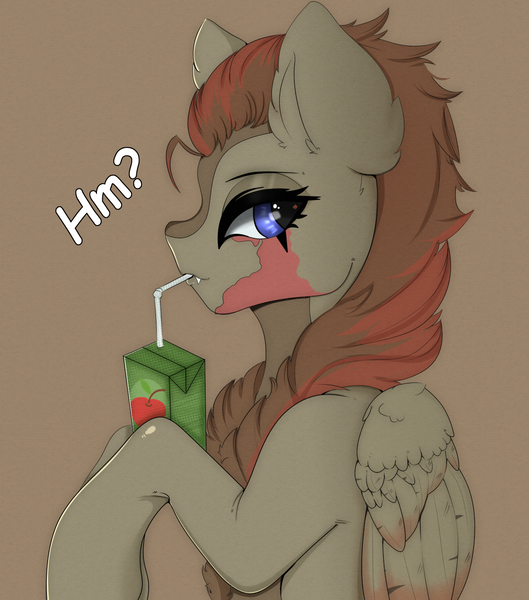 Size: 1200x1362 | Tagged: safe, artist:munrei, derpibooru import, oc, oc:dakota, unofficial characters only, pegasus, pony, blue eyes, commission, commission result, drinking, fangs, female, halfbody, image, juice, juice box, looking at you, mare, png, simple background, wings