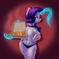 Size: 2000x2000 | Tagged: suggestive, artist:falses, derpibooru import, rarity, pony, unicorn, adorasexy, bedroom eyes, choker, clothes, cute, delivery, digital art, female, food, high res, image, legs, magic, magic aura, mare, panties, pizza, pizza box, png, sexy, shading, simple background, solo, telekinesis, thighs, underwear