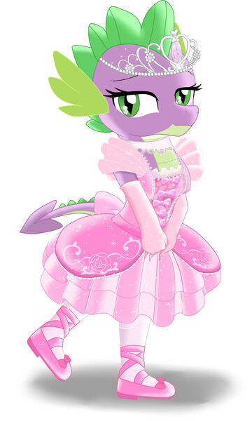 Size: 1495x2495 | Tagged: safe, artist:avchonline, derpibooru import, spike, dragon, ballerina, ballet slippers, clothes, collar, crossdressing, dress, fake eyelashes, femboy spike, gloves, image, jewelry, jpeg, leggings, long gloves, male, shoes, simple background, sissy, solo, solo male, tiara