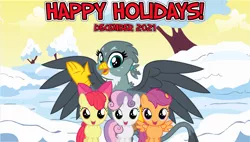 Size: 2064x1171 | Tagged: safe, artist:not-yet-a-brony, derpibooru import, apple bloom, gabby, scootaloo, sweetie belle, earth pony, gryphon, pegasus, pony, unicorn, 2021, christmas, christmas eve, cutie mark crusaders, december, female, filly, friendship, happy holidays, hearth's warming, hearth's warming eve, holiday, image, new year, new years eve, png, snow, youtube link in the description