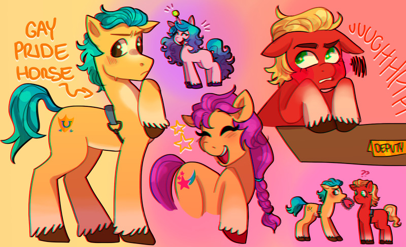 Size: 1851x1130 | Tagged: safe, artist:winslowsfaust, derpibooru import, hitch trailblazer, izzy moonbow, sprout cloverleaf, sunny starscout, earth pony, pony, unicorn, blushing, cute, female, g5, gay, hitchbetes, hitchsprout, image, jpeg, male, mare, shipping, sproutbetes, stallion