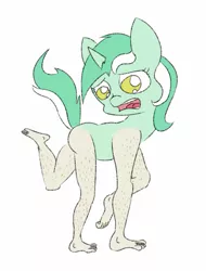 Size: 655x861 | Tagged: artist needed, safe, lyra heartstrings, pony, unicorn, alarmed, anatomically incorrect, dismay, feets, female, human feet, human legs, image, incorrect leg anatomy, l.u.l.s., mare, not salmon, png, she needs to shave her legs for real tho, simple background, that pony sure does love humans, wat, what has magic done, white background