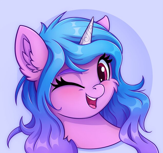 Size: 2119x2000 | Tagged: safe, artist:zeepheru_pone, derpibooru import, izzy moonbow, pony, unicorn, my little pony: a new generation, blushing, bust, cute, g5, image, izzybetes, jpeg, looking at you, one eye closed, open mouth, open smile, simple background, smiling, smiling at you, solo, wink, winking at you