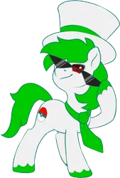 Size: 1535x2275 | Tagged: safe, artist:jennithedragon, derpibooru import, oc, oc:napalm styles, unofficial characters only, earth pony, pony, derpibooru community collaboration, 2022 community collab, glasses, hat, image, male, necktie, png, raised hoof, simple background, solo, stallion, sunglasses, top hat, transparent background, unshorn fetlocks