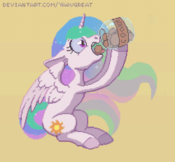 Size: 702x648 | Tagged: safe, artist:yarugreat, derpibooru import, princess celestia, alicorn, pony, animated, commission, cookie, cookie jar, food, gif, image, pixel art, simple background, sitting, solo, ych result