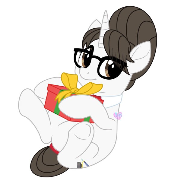 Size: 2000x2000 | Tagged: safe, artist:lovinglypromise, derpibooru import, raven, pony, unicorn, christmas, commission, cute, glasses, hair bun, holiday, image, jpeg, looking at you, necktie, present, raven inkwell, ravenbetes, secretary, simple background, smiling, smiling at you, solo, white background, ych result