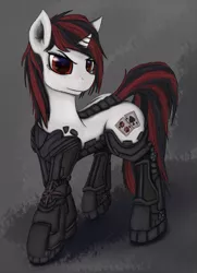 Size: 1739x2407 | Tagged: dead source, safe, artist:pantzar, derpibooru import, oc, oc:blackjack, unofficial characters only, cyborg, pony, unicorn, fallout equestria, fallout equestria: project horizons, fanfic, amputee, augmented, cyber legs, fanfic art, female, hooves, horn, image, level 2 (project horizons), mare, png, prosthetic leg, prosthetic limb, prosthetics, quadruple amputee, solo