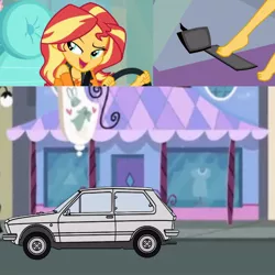 Size: 768x768 | Tagged: safe, artist:thatradhedgehog, derpibooru import, edit, edited edit, editor:grapefruitface, sunset shimmer, equestria girls, barefoot, driving, feet, image, jpeg, yugo