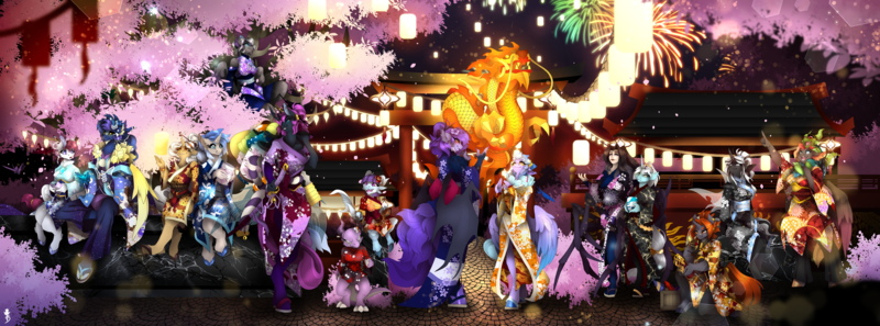 Size: 7709x2865 | Tagged: safe, artist:taiga-blackfield, derpibooru import, kimono, oc, oc:amelia, oc:arc light, oc:avie, oc:ebony winds, oc:empyrea, oc:izsi, oc:killi thaum, oc:lyum, oc:midlight, oc:unafray, oc:violet nebula, oc:wildcat cartridge, changeling, kobold, pegasus, spider, unicorn, arachne, clothes, feather, female, horn, horns, image, kimono (clothing), lantern, lantern festival, male, paper lantern, png, tree, wings