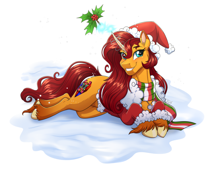 Size: 4500x3526 | Tagged: safe, artist:jack-pie, derpibooru import, oc, oc:white feather, unofficial characters only, pony, unicorn, christmas, clothes, commission, curved horn, cutie mark, hat, high res, holiday, holly, horn, image, png, santa hat, scarf, snow, solo, teeth, unicorn oc, unshorn fetlocks