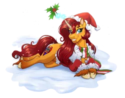 Size: 4500x3526 | Tagged: safe, artist:jack-pie, derpibooru import, oc, oc:white feather, unofficial characters only, pony, unicorn, christmas, clothes, commission, curved horn, cutie mark, hat, high res, holiday, holly, horn, image, png, santa hat, scarf, snow, solo, teeth, unicorn oc, unshorn fetlocks