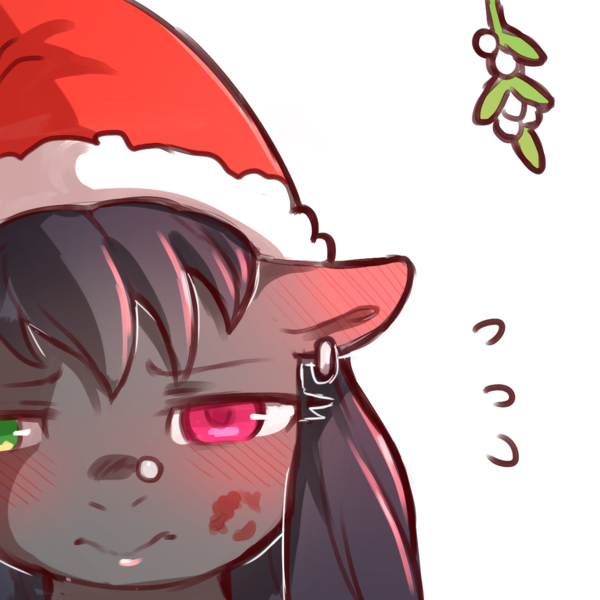 Size: 1159x1159 | Tagged: safe, artist:cold-blooded-twilight, derpibooru import, oc, oc:blazing saddles, blushing, christmas, ear piercing, earring, female, frown, hat, heterochromia, holiday, image, jewelry, kiss mark, lipstick, mistletoe, piercing, png, santa hat, simple background, solo, solo female, sweat, transparent background