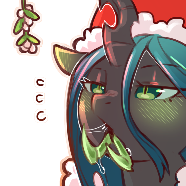 Size: 1159x1159 | Tagged: suggestive, artist:cold-blooded-twilight, derpibooru import, queen chrysalis, changeling, changeling queen, bedroom eyes, blushing, christmas, drool, drool string, ear blush, female, hat, holiday, image, mandibles, mistletoe, png, proboscis, salivating, santa hat, simple background, slit pupils, sweat, transparent background