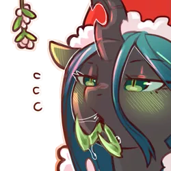 Size: 1159x1159 | Tagged: suggestive, artist:cold-blooded-twilight, derpibooru import, queen chrysalis, changeling, changeling queen, bedroom eyes, blushing, christmas, drool, drool string, ear blush, female, hat, holiday, image, mandibles, mistletoe, png, proboscis, salivating, santa hat, simple background, slit pupils, sweat, transparent background