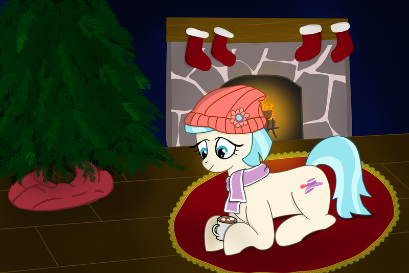 Size: 10800x7200 | Tagged: safe, artist:top plush, derpibooru import, coco pommel, earth pony, pony, beanie, chocolate, christmas, clothes, comfy, cozy, fireplace, food, hat, holiday, hot chocolate, image, lying down, png, prone, scarf, socks, solo, stockings, thigh highs, tree, winter