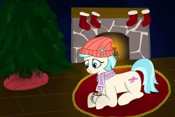 Size: 10800x7200 | Tagged: safe, artist:top plush, derpibooru import, coco pommel, earth pony, pony, beanie, chocolate, christmas, clothes, comfy, cozy, fireplace, food, hat, holiday, hot chocolate, image, lying down, png, prone, scarf, socks, solo, stockings, thigh highs, tree, winter