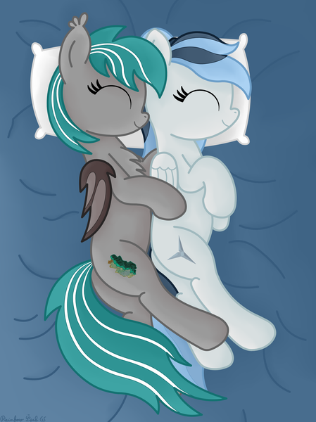 Size: 3016x4032 | Tagged: safe, artist:rainbowšpekgs, derpibooru import, oc, oc:haze northfleet, oc:malachite cluster, unofficial characters only, bat pony, pegasus, pony, bat pony oc, bat wings, bed, bedsheets, butt, couple, cuddling, cute, duo, eyes closed, female, high res, image, laying on bed, lying, lying down, male, mare, oc x oc, on bed, pegasus oc, pillow, plot, png, shipping, side, smiling, spooning, stallion, straight, wings