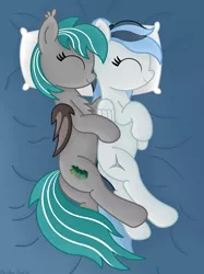Size: 3016x4032 | Tagged: safe, artist:rainbowšpekgs, derpibooru import, oc, oc:haze northfleet, oc:malachite cluster, unofficial characters only, bat pony, pegasus, pony, bat pony oc, bat wings, bed, bedsheets, butt, couple, cuddling, cute, duo, eyes closed, female, high res, image, laying on bed, lying, lying down, male, mare, oc x oc, on bed, pegasus oc, pillow, plot, png, shipping, side, smiling, spooning, stallion, straight, wings
