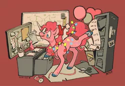 Size: 1532x1056 | Tagged: safe, artist:beyhr, derpibooru import, pinkie pie, earth pony, pony, balloon, busy, candy, candy cane, checklist, christmas, christmas lights, ear fluff, female, filing cabinet, food, hat, holiday, image, jpeg, mare, mouth hold, party cave, party hat, party planning, pencil, prehensile mane, santa hat, scissors, solo, unshorn fetlocks