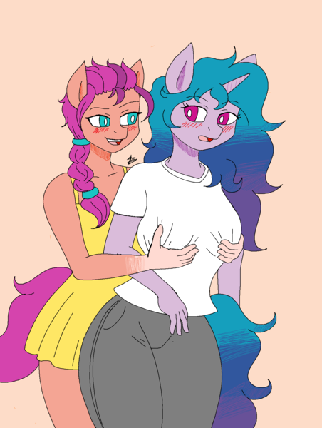 Size: 1432x1900 | Tagged: suggestive, artist:zachc, derpibooru import, izzy moonbow, sunny starscout, anthro, earth pony, unicorn, breast grab, breasts, clothes, duo, female, g5, grope, image, looking at each other, looking at someone, png