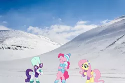 Size: 1800x1200 | Tagged: safe, artist:cloudyglow, artist:pink1ejack, derpibooru import, fluttershy, pinkie pie, rarity, earth pony, pegasus, pony, bipedal, bipedal leaning, boots, clothes, earmuffs, female, glasses, hat, iceland, image, irl, leaning, mare, photo, png, ponies in real life, shoes, sweater, winter outfit