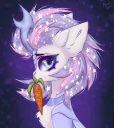 Size: 914x1024 | Tagged: safe, artist:hydrargyrum, derpibooru import, kirin oc, oc, oc:snow shine, kirin, bust, carrot, chest fluff, ear fluff, food, image, jpeg, portrait