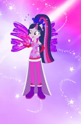 Size: 584x889 | Tagged: safe, artist:magical-mama, artist:selenaede, artist:user15432, derpibooru import, twilight sparkle, twilight sparkle (alicorn), alicorn, fairy, human, equestria girls, alternate hairstyle, barely eqg related, base used, boots, clothes, colored wings, crossover, crystal sirenix, dress, fairy wings, fairyized, gradient background, gradient wings, high heel boots, high heels, image, long hair, png, ponied up, ponytail, purple dress, shoes, sirenix, sparkly background, sparkly wings, wings, winx, winx club, winxified
