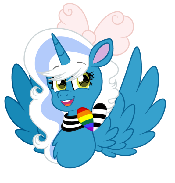 Size: 1280x1339 | Tagged: safe, artist:tuttyfruitcutie, derpibooru import, oc, oc:fleurbelle, alicorn, pony, alicorn oc, bow, female, hair bow, horn, image, mare, png, simple background, straight ally flag, transparent background, wings, yellow eyes