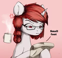 Size: 1461x1352 | Tagged: safe, artist:vickyvoo, derpibooru import, oc, oc:pyrebelle, pony, unicorn, `', female, food, frown, goggles, hooves, image, mare, png, red eyes, red hair, scroll, solo, tea