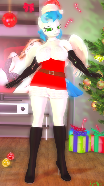 Size: 2160x3840 | Tagged: suggestive, artist:kevhon, derpibooru import, oc, oc:oceana ice, anthro, human, pegasus, 3d, boots, christmas, christmas lights, christmas tree, clothes, commission, costume, female, gloves, hat, high heel boots, holiday, image, looking at you, png, present, santa costume, santa hat, shoes, solo, solo female, source filmmaker, television, tree, wings, ych result