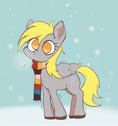 Size: 1440x1538 | Tagged: safe, artist:noupu, derpibooru import, derpy hooves, pegasus, pony, breath, clothes, female, image, jpeg, mare, no pupils, scarf, shivering, snow, snowfall, solo, unshorn fetlocks