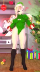 Size: 2160x3840 | Tagged: suggestive, artist:kevhon, derpibooru import, oc, oc:lila kastelvam, anthro, human, pegasus, 3d, boots, breasts, christmas, christmas lights, christmas tree, clothes, commission, female, gloves, hat, high heel boots, holiday, image, leotard, looking at you, png, present, santa hat, shoes, solo, solo female, source filmmaker, television, tree, ych result