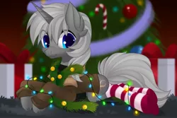 Size: 3000x2000 | Tagged: safe, artist:xvostik, derpibooru import, oc, oc:octal overflow, unofficial characters only, pony, unicorn, blue eyes, christmas, christmas lights, christmas ornament, christmas presents, christmas tree, clothes, commission, commissioner:biohazard, decoration, ear fluff, eyebrows, eyebrows visible through hair, high res, holiday, horn, image, jacket, jpeg, looking at you, lying down, male, prone, smiling, smiling at you, socks, solo, stallion, striped socks, tree, unicorn oc, ych result
