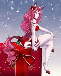 Size: 2550x3146 | Tagged: suggestive, artist:askbubblelee, derpibooru import, oc, oc:impala lily, unofficial characters only, anthro, hybrid, unguligrade anthro, unicorn, zony, anthro oc, bra, clothes, digital art, female, hearth's warming, horn, image, lingerie, panties, png, smiling, snow, snowfall, underwear, unicorn oc, zony oc