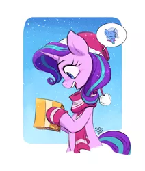 Size: 2480x2924 | Tagged: safe, artist:fanzeem, derpibooru import, starlight glimmer, trixie, pony, unicorn, christmas, clothes, female, gloves, hat, high res, holiday, image, jpeg, mare, open mouth, open smile, present, santa hat, scarf, smiling, snow, solo, thankful