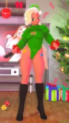 Size: 2160x3840 | Tagged: suggestive, artist:kevhon, derpibooru import, oc, oc:elie sugarpop, anthro, earth pony, human, 3d, boots, breasts, christmas, christmas lights, christmas tree, clothes, commission, female, gloves, hat, high heel boots, holiday, image, leotard, looking at you, png, present, santa hat, shoes, solo, solo female, source filmmaker, television, tree, ych result