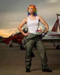 Size: 1080x1350 | Tagged: safe, derpibooru import, rainbow dash, human, bare shoulders, clothes, cosplay, costume, hand on hip, helmet, image, irl, irl human, jet, jpeg, multicolored hair, photo, rainbow hair, solo
