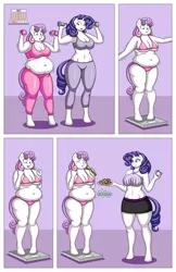 Size: 1600x2462 | Tagged: suggestive, artist:lordstormcaller, derpibooru import, celery stalk, rarity, rumble, sweetie belle, anthro, unguligrade anthro, unicorn, comic:filly fat remastered, aerobics, belly, belly button, big belly, bikini, breasts, busty rarity, busty sweetie belle, calendar, celery, chubby, clothes, cookie, cute, diet, eating, exercise, female, fetish, food, image, jiggle, jiggling, jpeg, older, older sweetie belle, onomatopoeia, purple background, scale, sequel, shorts, siblings, simple background, sisters, skinny, sound effects, stomach, sweat, sweating profusely, swimsuit, temptation, weighing, weight loss, weights