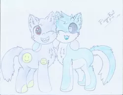 Size: 3300x2550 | Tagged: safe, artist:fliegerfausttop47, derpibooru import, oc, oc:smiley, oc:voidshark, ponified, unofficial characters only, cat, cat pony, earth pony, original species, pony, derpibooru community collaboration, 2022 community collab, best friends, black sclera, brown eyes, chest fluff, colt, derpibooru exclusive, duo, ear fluff, fluffy, fluffy tail, gift art, happy, image, jpeg, leg fluff, looking at each other, looking at someone, male, qwuedeviv, sharp teeth, signature, smiley face, smiling, tail, teeth, traditional art, white pupils