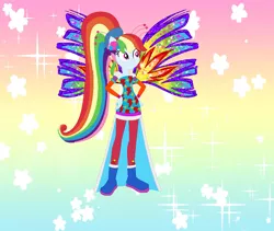 Size: 922x777 | Tagged: safe, artist:magical-mama, artist:selenaede, artist:user15432, derpibooru import, rainbow dash, ponified, fairy, human, pony, equestria girls, alternate hairstyle, barely eqg related, base used, blue dress, boots, clothes, colored wings, crossover, crystal sirenix, dress, fairy wings, fairyized, gradient background, gradient wings, hand on hip, high heel boots, high heels, image, long hair, multicolored wings, png, ponytail, rainbow background, rainbow wings, seashell, shoes, sirenix, sparkly background, sparkly wings, wings, winx, winx club, winxified