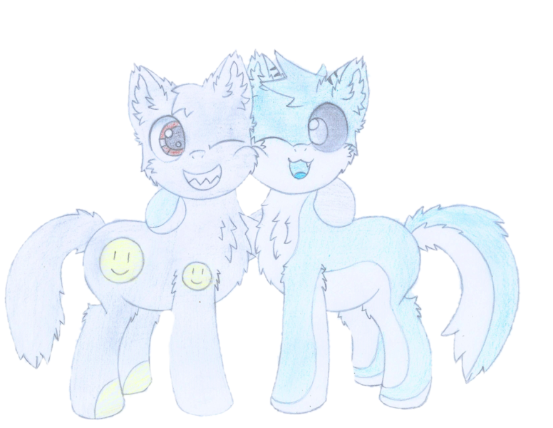 Size: 3300x2550 | Tagged: safe, artist:fliegerfausttop47, derpibooru import, edit, editor:nc-tv, oc, oc:smiley, oc:voidshark, ponified, unofficial characters only, cat, cat pony, earth pony, original species, pony, derpibooru community collaboration, 2022 community collab, background removed, best friends, black sclera, brown eyes, chest fluff, colt, derpibooru exclusive, duo, ear fluff, fluffy, fluffy tail, gift art, happy, image, leg fluff, looking at each other, looking at someone, male, png, qwuedeviv, sharp teeth, signature, smiley face, smiling, tail, teeth, traditional art, white pupils