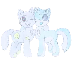 Size: 3300x2550 | Tagged: safe, artist:fliegerfausttop47, derpibooru import, edit, editor:nc-tv, oc, oc:smiley, oc:voidshark, ponified, unofficial characters only, cat, cat pony, earth pony, original species, pony, derpibooru community collaboration, 2022 community collab, background removed, best friends, black sclera, brown eyes, chest fluff, colt, derpibooru exclusive, duo, ear fluff, fluffy, fluffy tail, gift art, happy, image, leg fluff, looking at each other, looking at someone, male, png, qwuedeviv, sharp teeth, signature, smiley face, smiling, tail, teeth, traditional art, white pupils