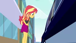 Size: 3410x1920 | Tagged: safe, derpibooru import, screencap, sunset shimmer, driving miss shimmer, equestria girls, equestria girls series, car, clothes, cutie mark, cutie mark on clothes, driving miss shimmer: rarity, female, geode of empathy, high res, image, jacket, jewelry, jpeg, leather, leather jacket, limousine, magical geodes, necklace, solo