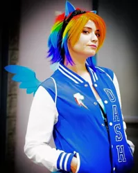 Size: 1058x1330 | Tagged: safe, derpibooru import, rainbow dash, human, clothes, cosplay, costume, cutie mark, cutie mark on clothes, image, irl, irl human, jpeg, multicolored hair, photo, rainbow hair