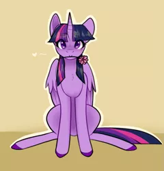 Size: 667x696 | Tagged: safe, artist:cyrinthia, derpibooru import, twilight sparkle, twilight sparkle (alicorn), alicorn, pony, flower, image, mouth hold, png, sitting, solo